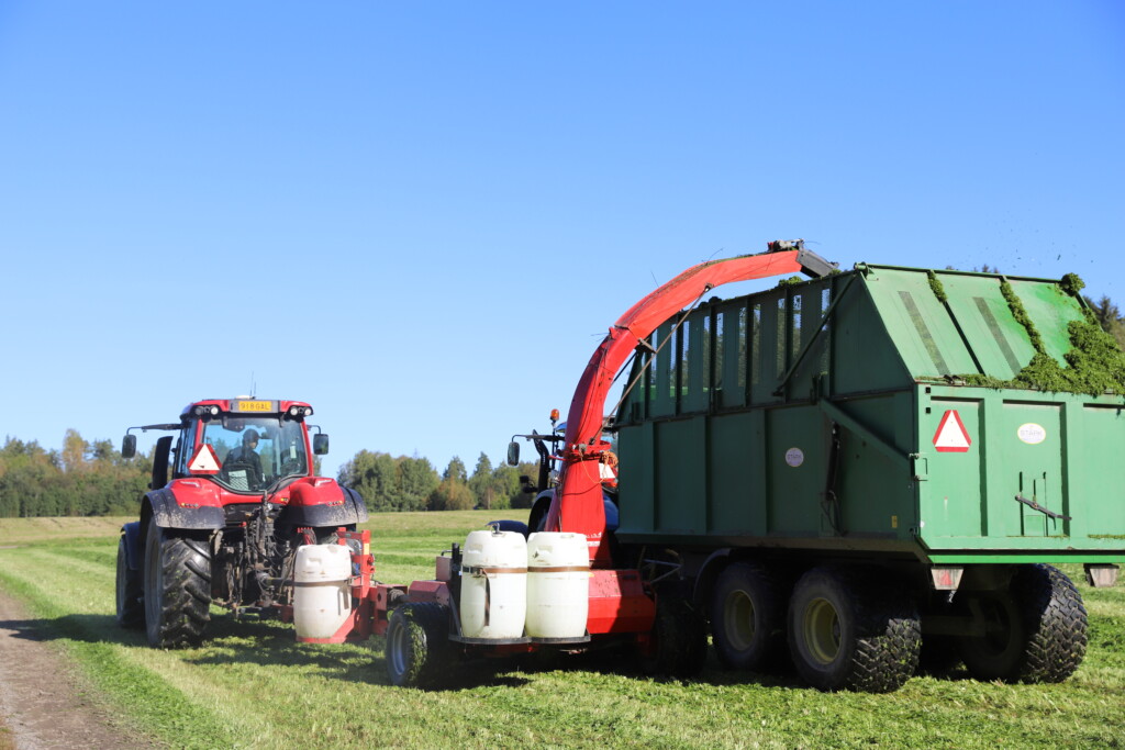 Traktori täyttää vierellä ajettavaa peräkärryä pellolla.