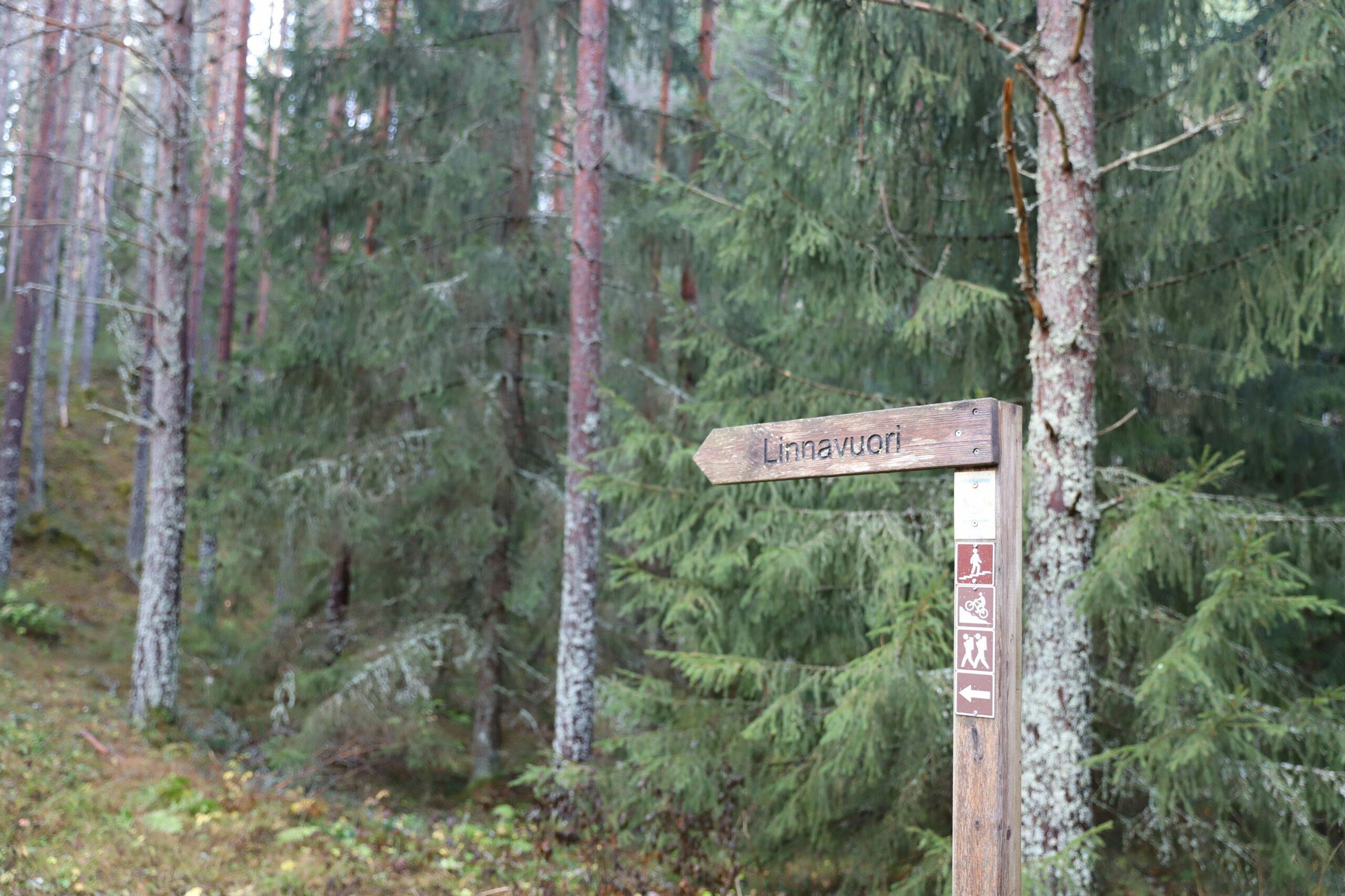Puinen tienvarsikyltti. Taustalla metsää. Teksti: Linnavuori.