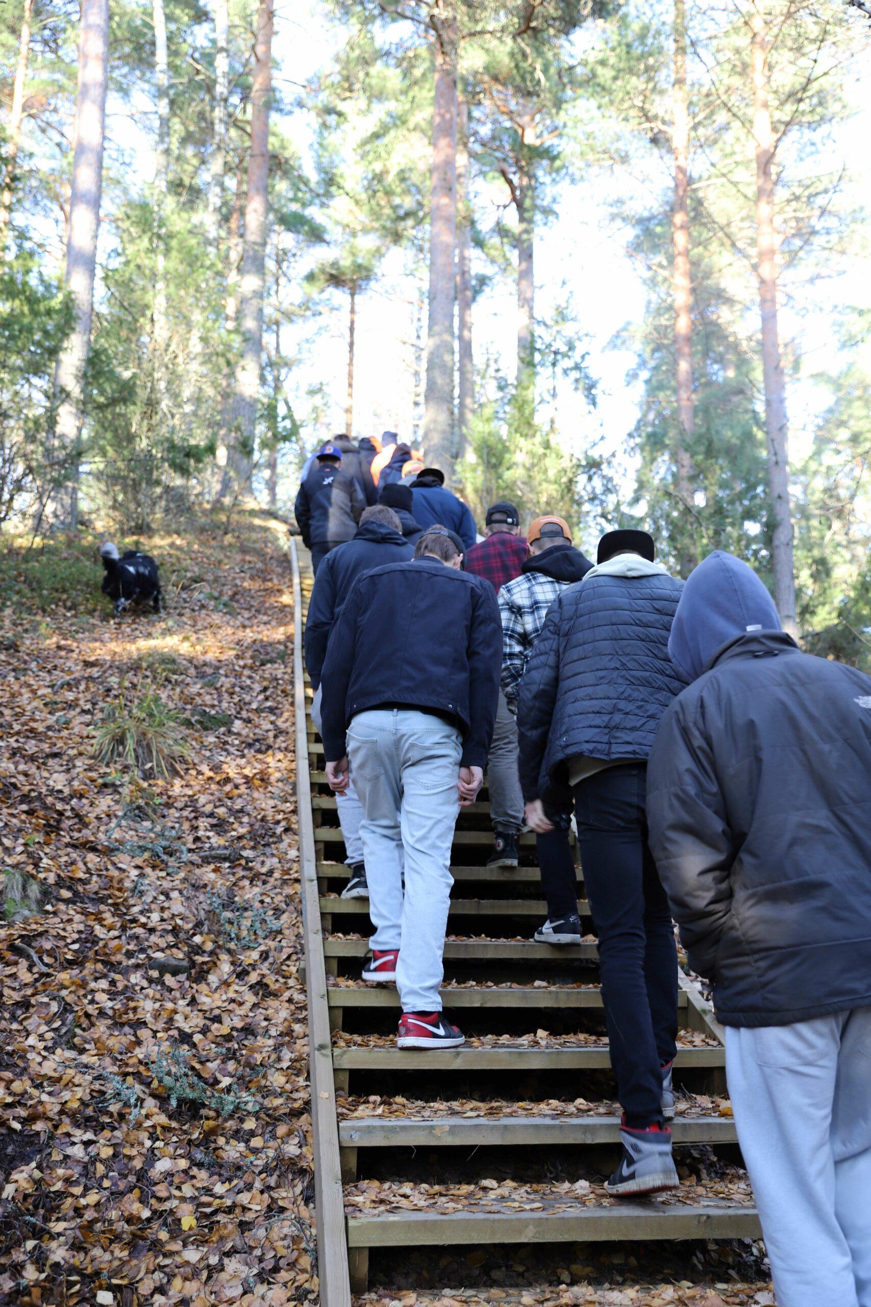 Joukko nuoria kävelee puisia portaita ylös luonnossa.