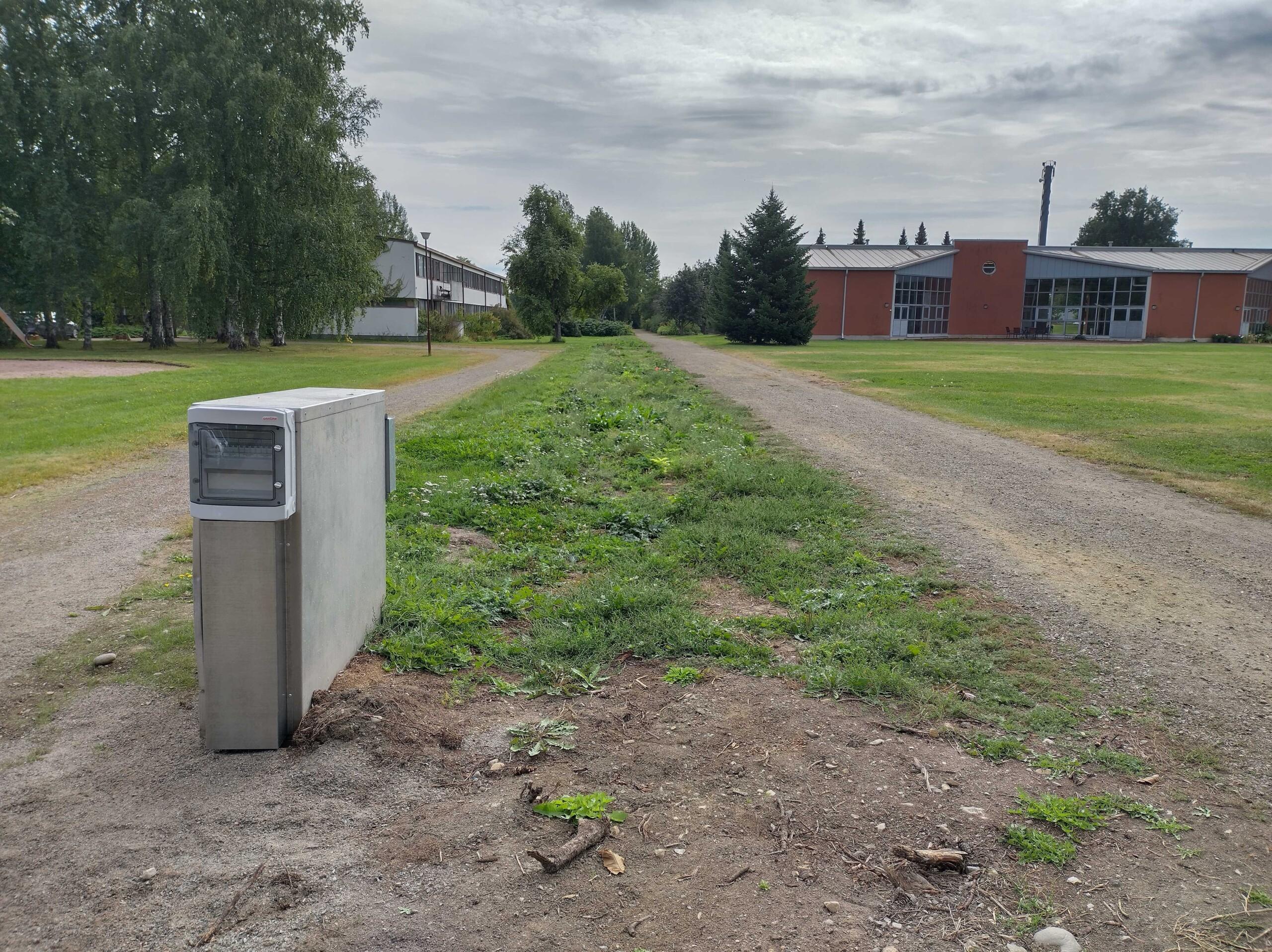Piha. Pitkä ruohokaistale, jonka molemmin puolin menee hiekkatie. Ruoho on huonossa kunnossa.